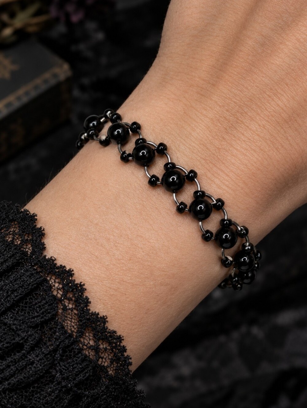 Small Black Beaded Interlocking Ring Bracelet Gothic Revival Fashion Jewelry